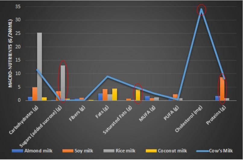 Graph Macronutrient Comparison PlantBased and Cow Milks
