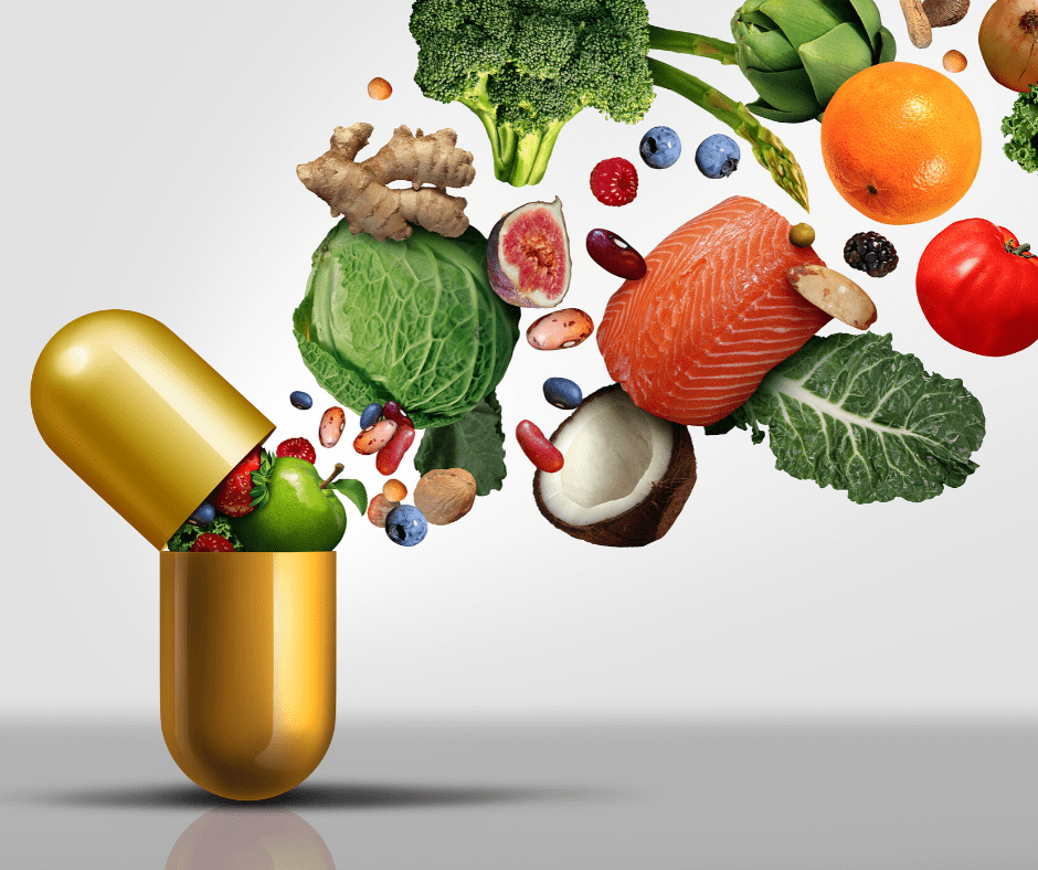 Vegetables and fruit coming out of a supplement capsule